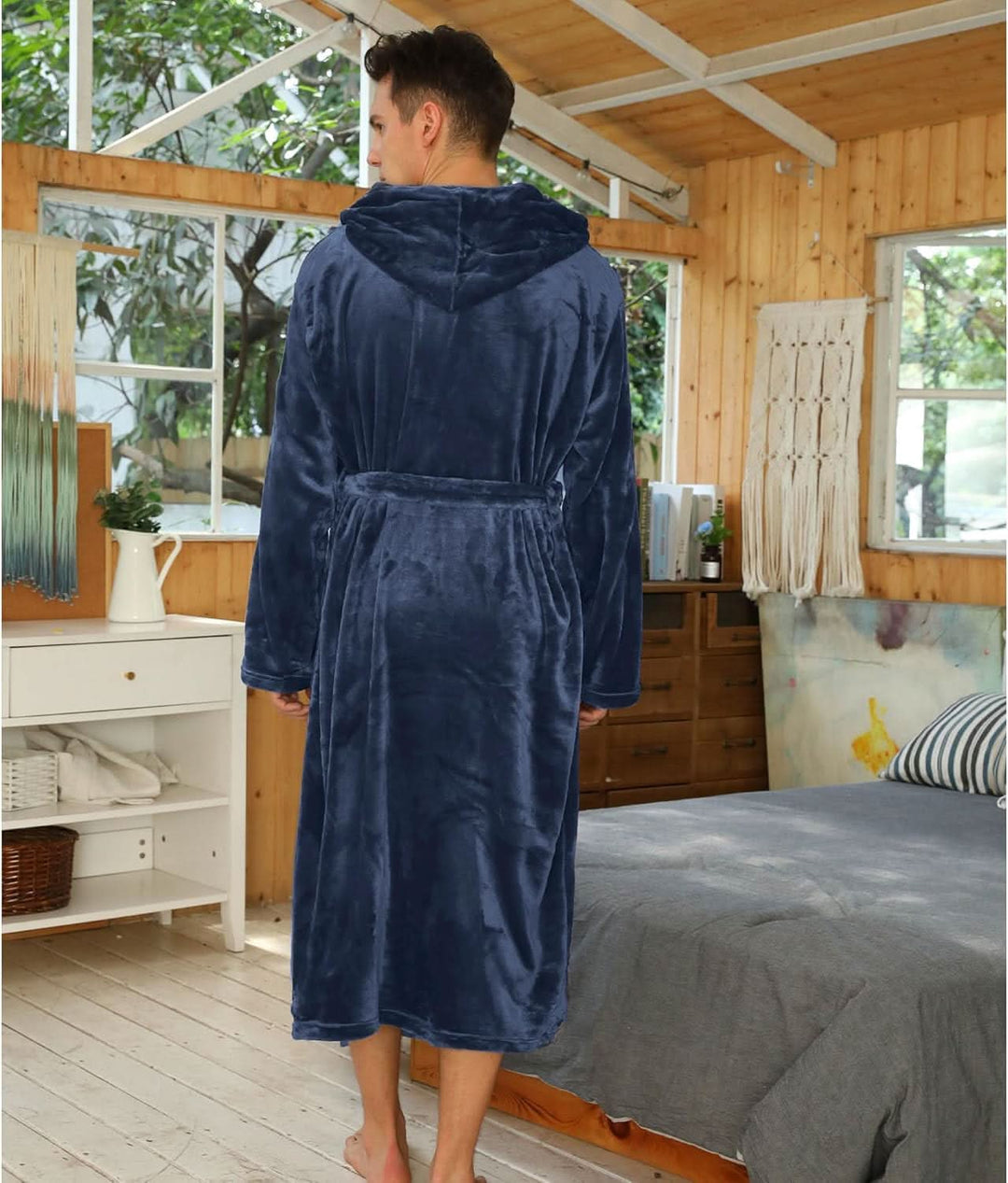 Fleece badjas voor heren met capuchon, ceintuur en zakken