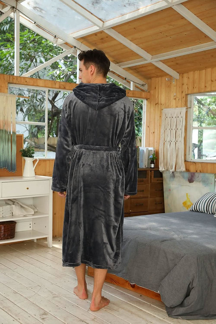 Fleece badjas voor heren met capuchon, ceintuur en zakken