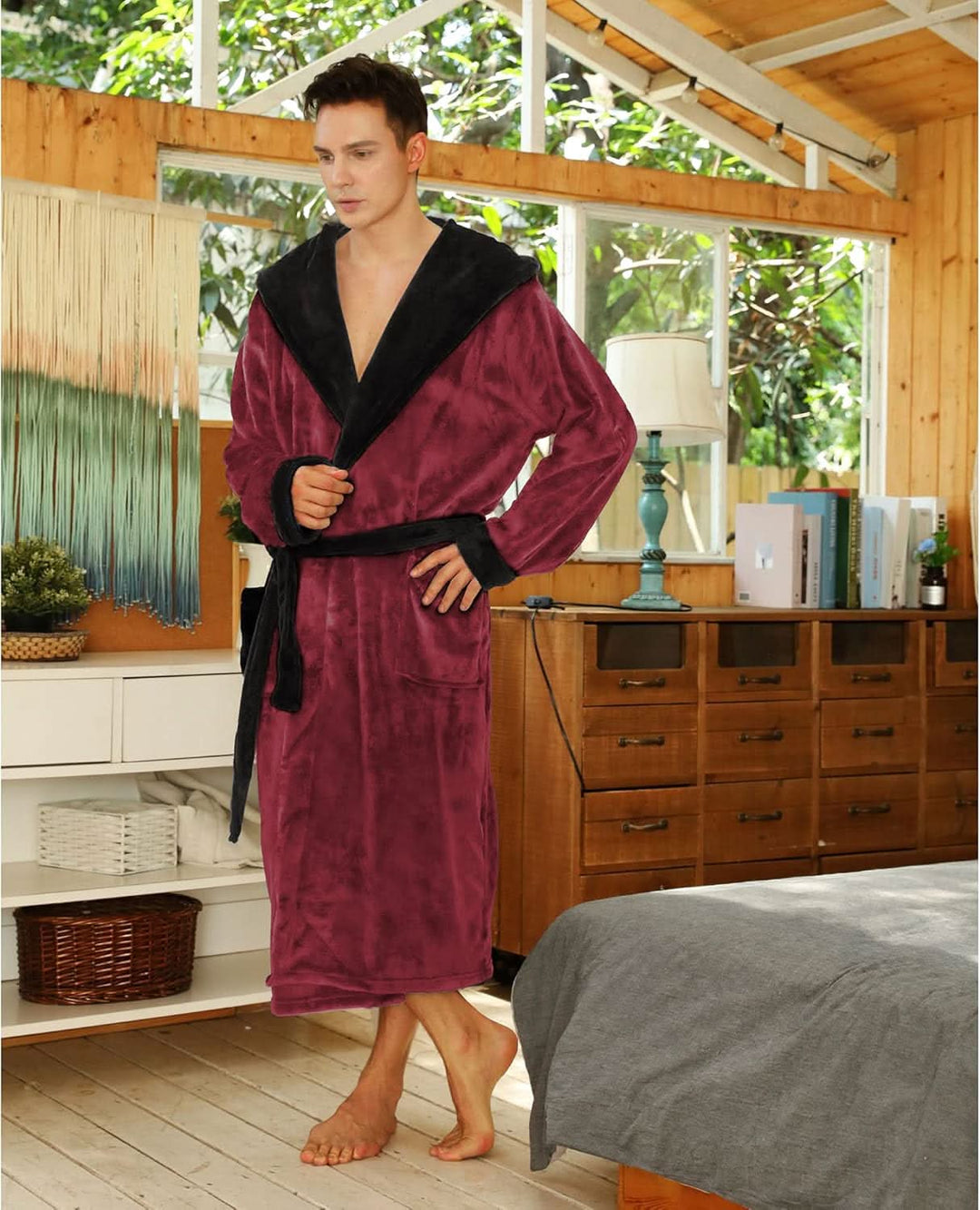 Fleece badjas voor heren met capuchon, ceintuur en zakken