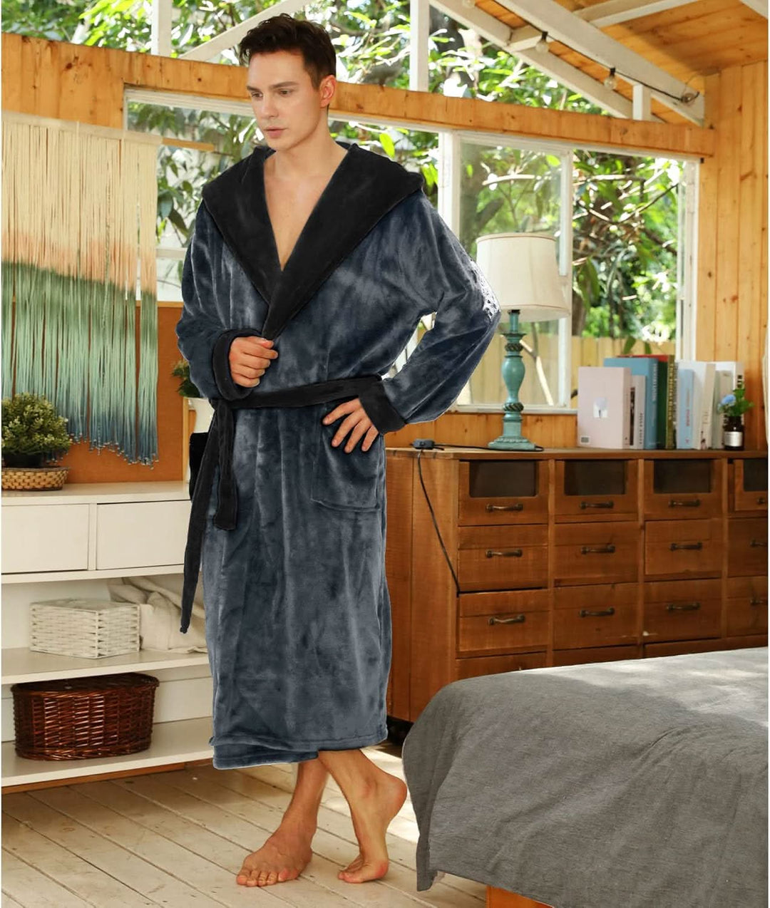 Fleece badjas voor heren met capuchon, ceintuur en zakken