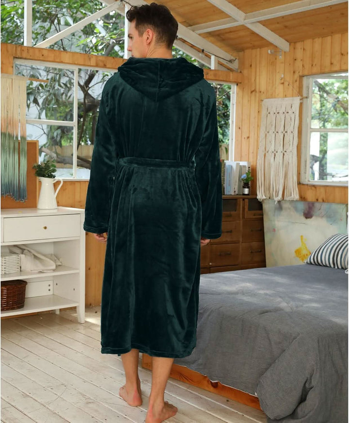 Fleece badjas voor heren met capuchon, ceintuur en zakken