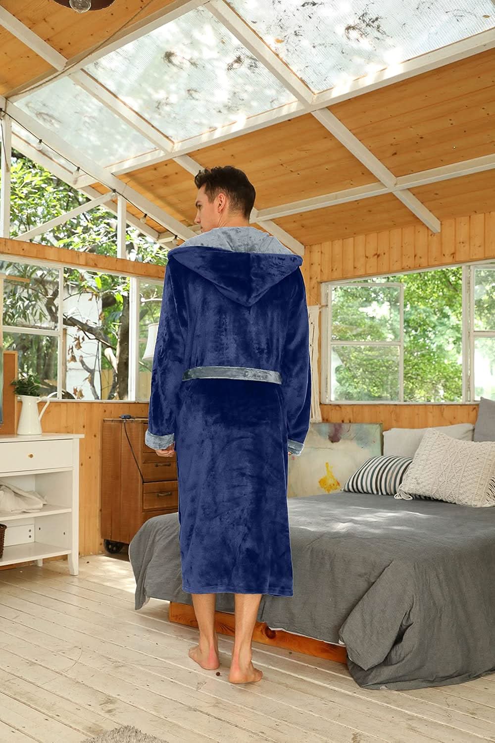 Fleece badjas voor heren met capuchon, ceintuur en zakken