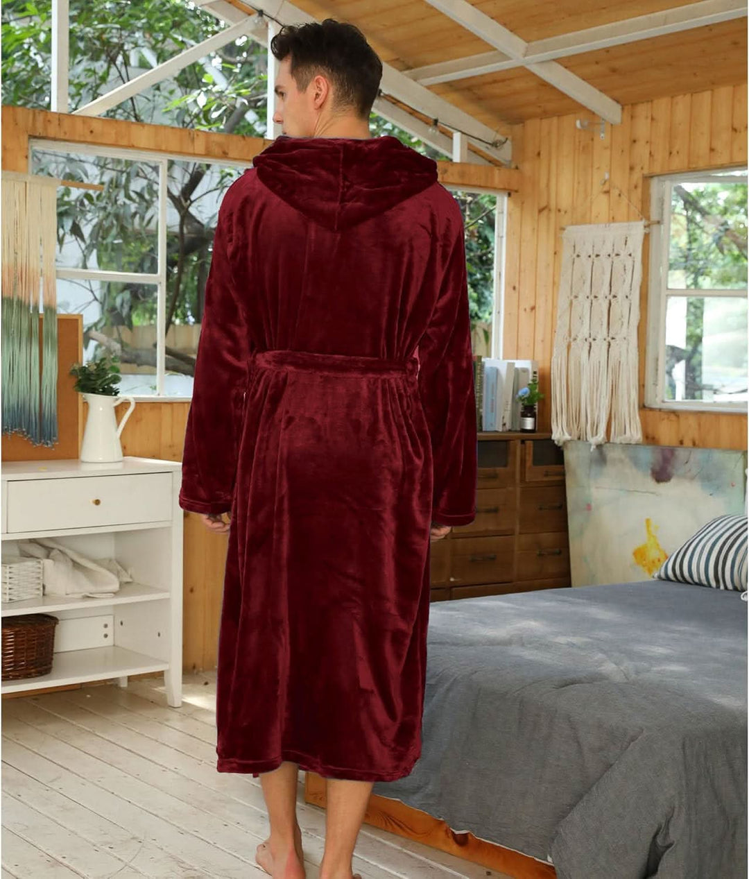 Fleece badjas voor heren met capuchon, ceintuur en zakken