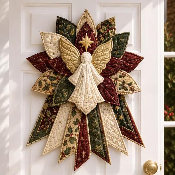 Grote patchwork kerstster met sneeuwpop aan deur