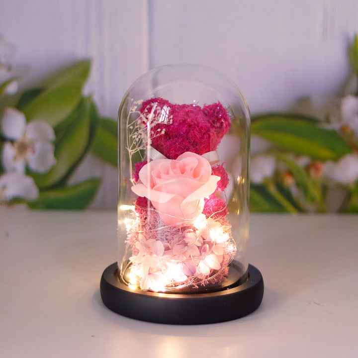 Eeuwige roos met teddybeer in glazen stolp en led-licht
