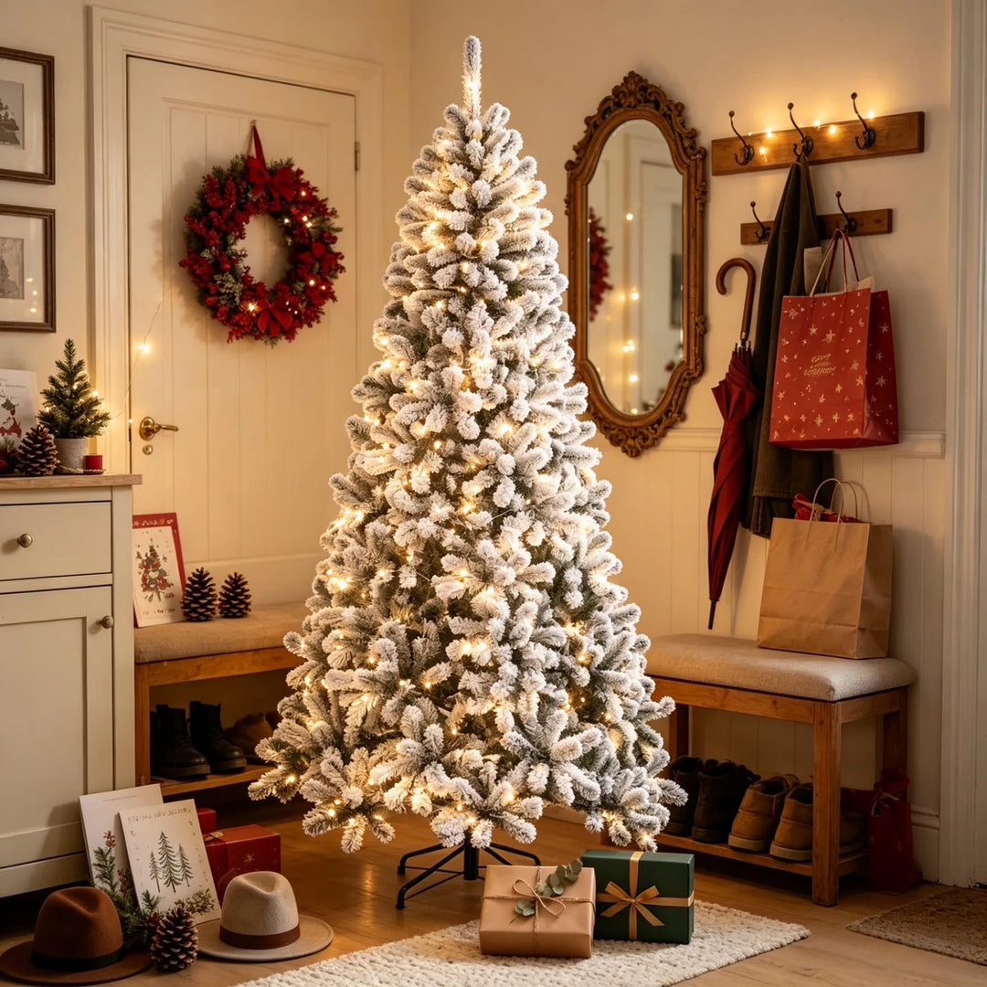 Grote besneeuwde Northern pine met lichtjes