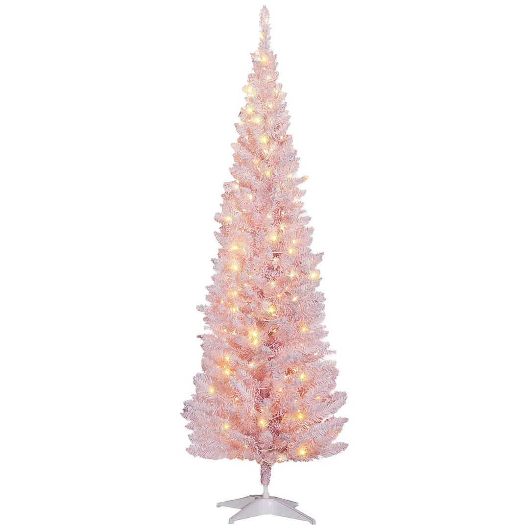 Roze slanke kerstboom met warm licht