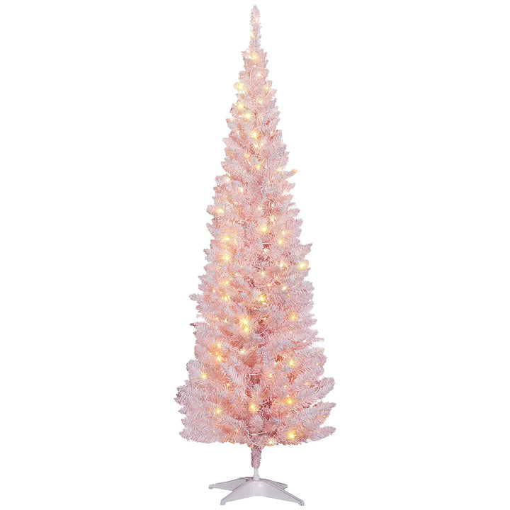 Roze slanke kerstboom met warm licht