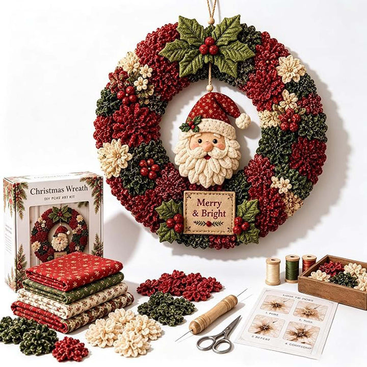 Stoffen kerstkrans met kerstman en cadeaudoos