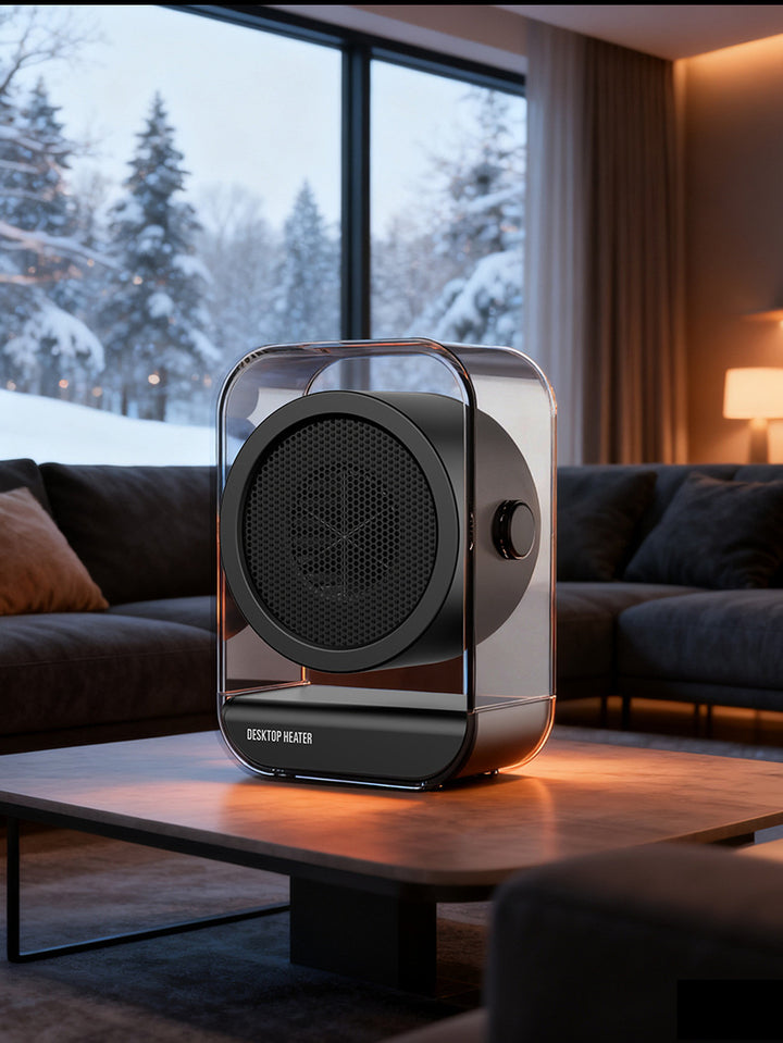 Doorzichtige mini ventilatorkachel op een bureau