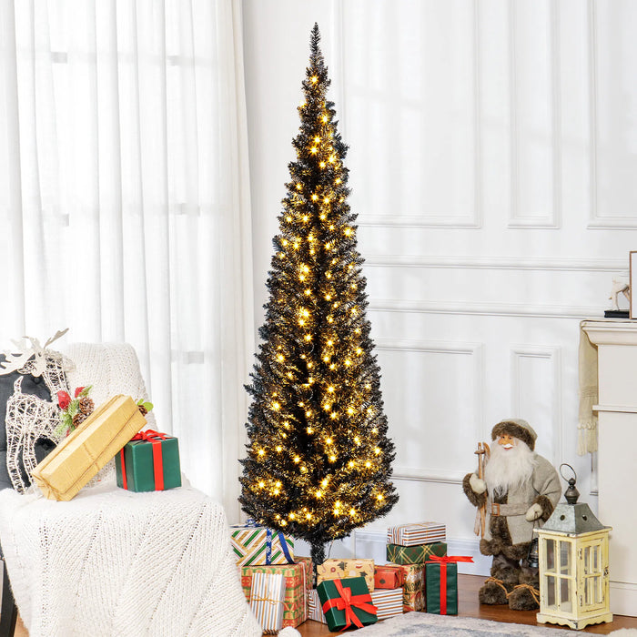 Hollevo Zwarte smalle kerstboom 180 cm met 200 warmwitte leds