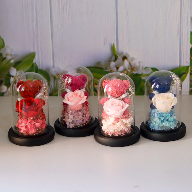 Eeuwige roos met teddybeer in glazen stolp en led-licht