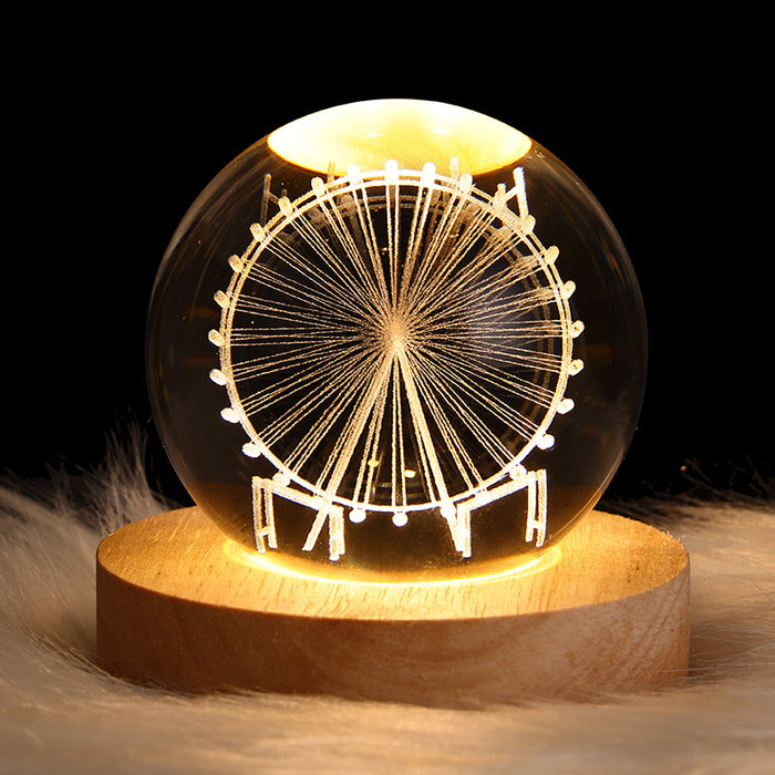 Hollevo Kristallen bol lamp met 3D-gravure op houten voet