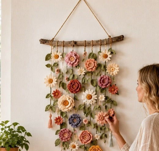 Boho wandhanger met kleurrijke stoffen bloemen