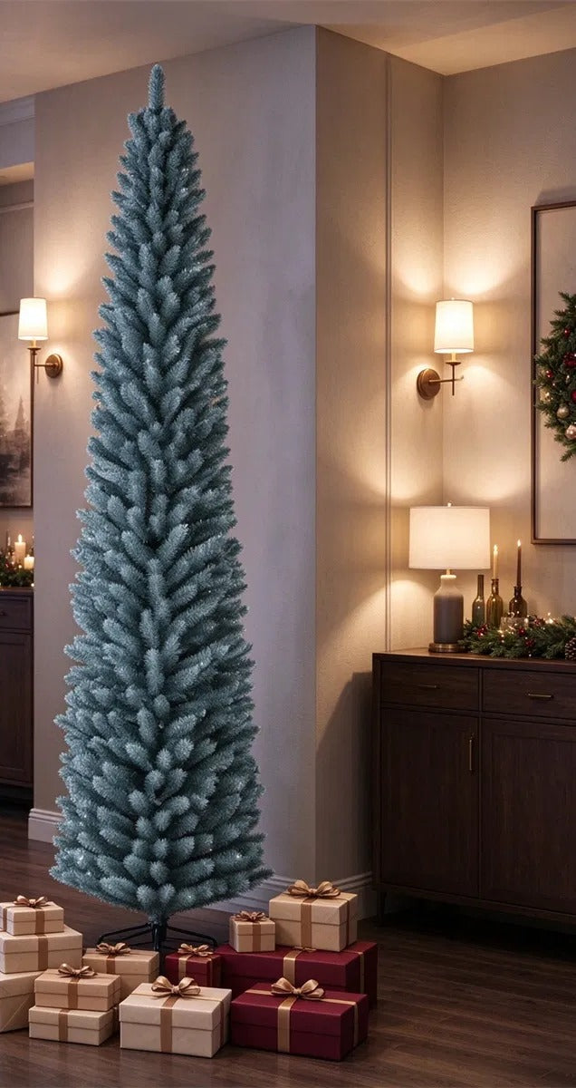 Smalle berijpte kerstboom in zilvergroen