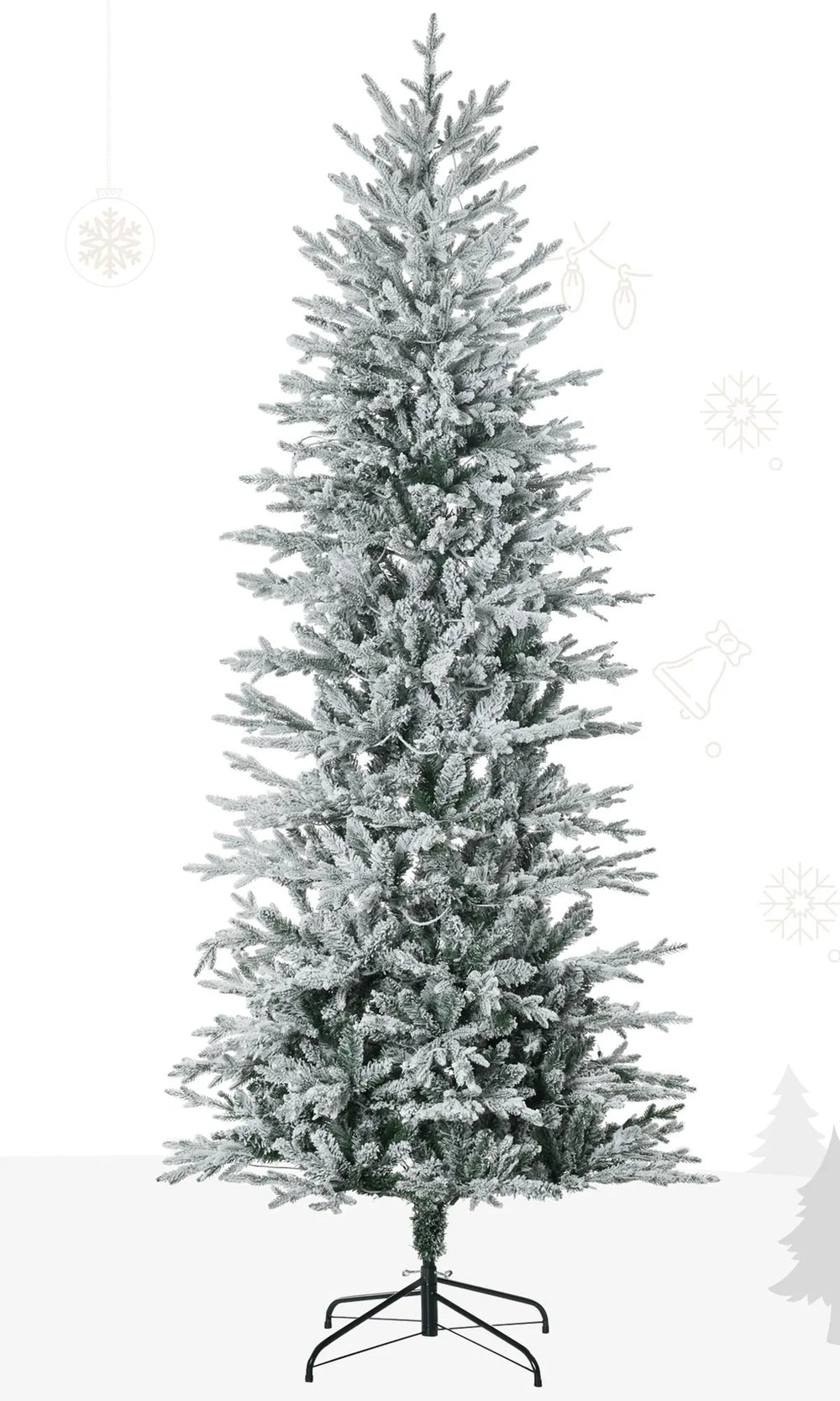 Grote besneeuwde kerstboom met heldere lampjes