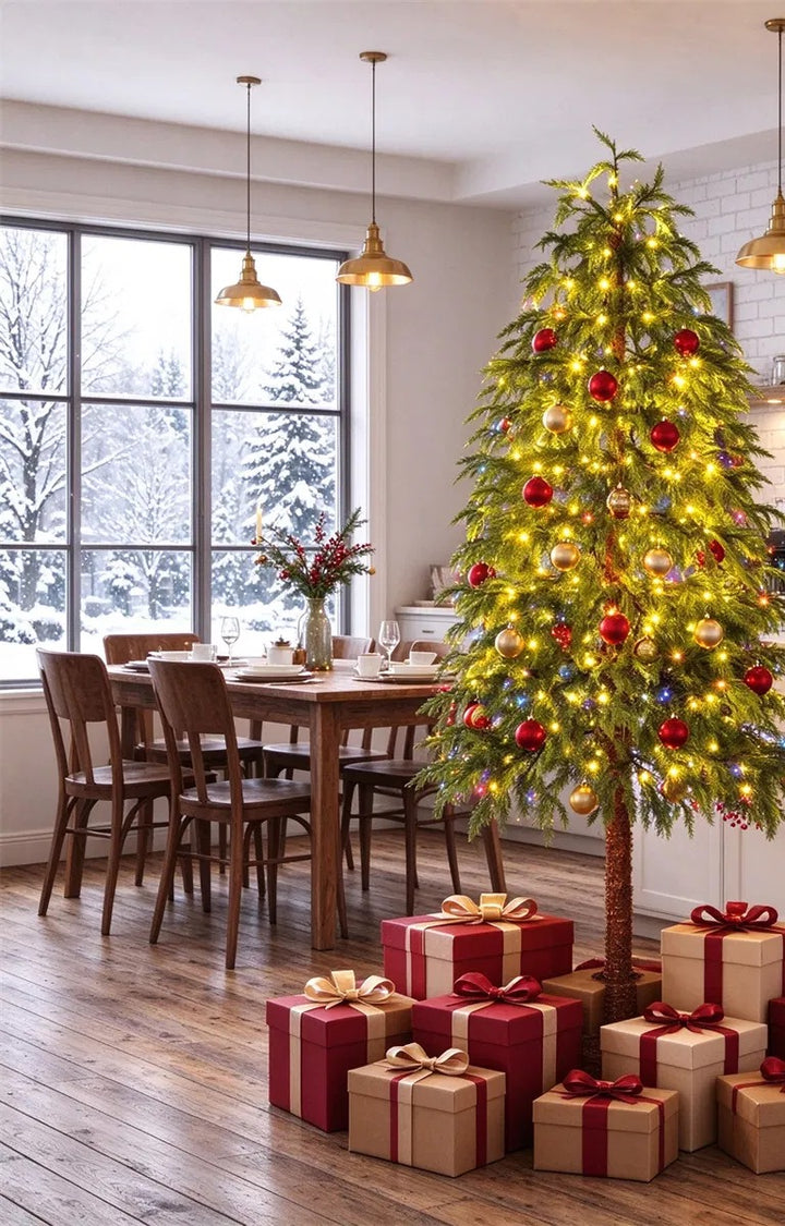 Cipreskerstboom met warmwitte en gekleurde lichtjes