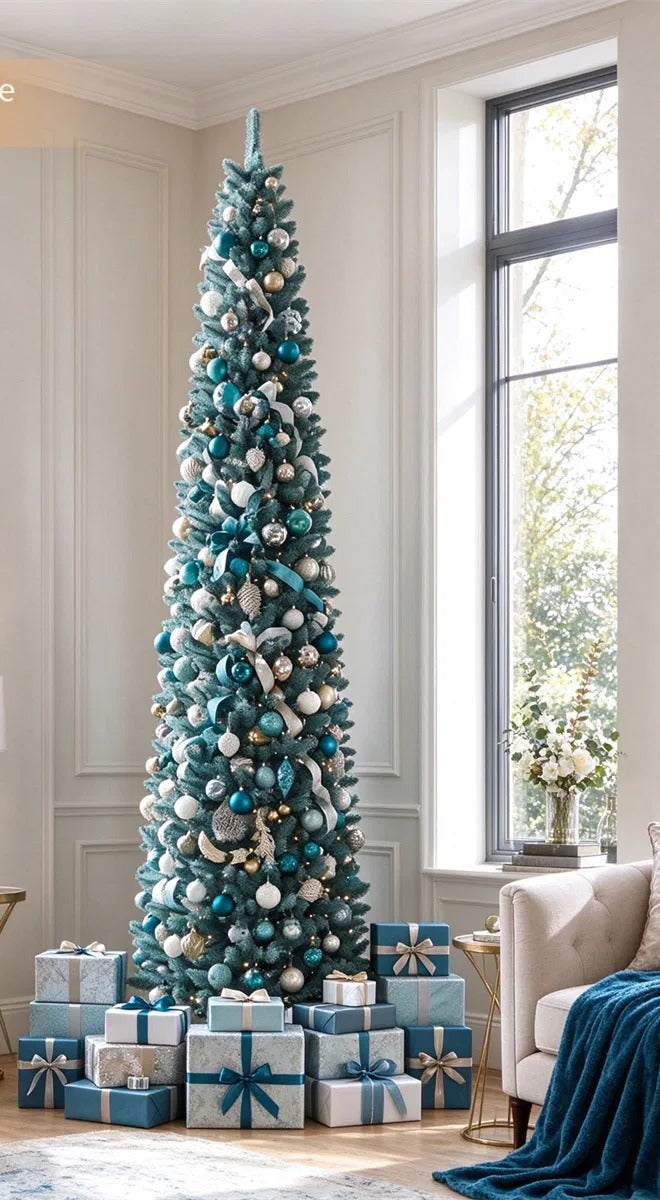 Hoge smalle berijpte kerstboom