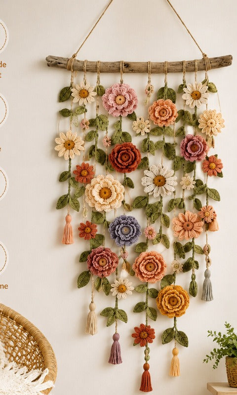 Boho wandhanger met kleurrijke stoffen bloemen