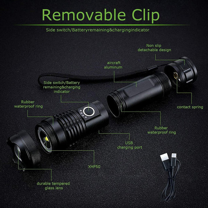 Oplaadbare waterdichte LED-zaklamp met zoom en 5 standen