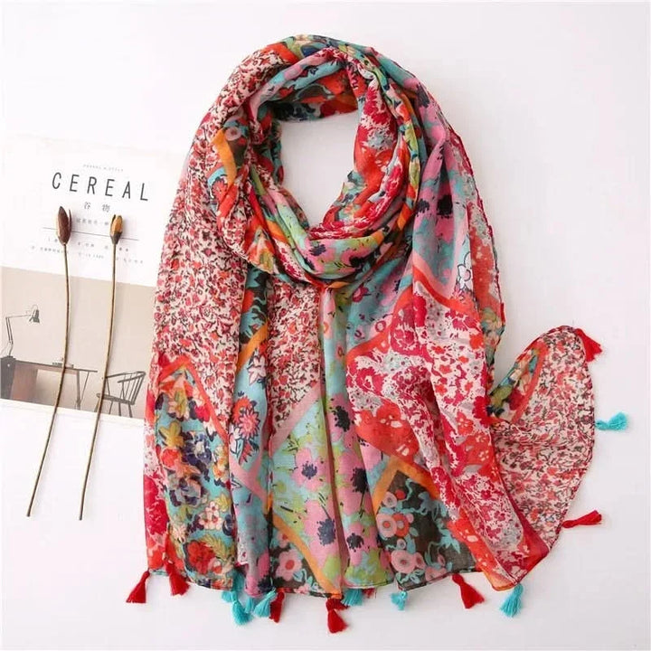 Dames sjaal van viscose met stippen en bloemenprint