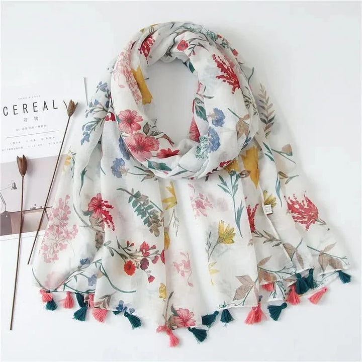 Dames sjaal van viscose met stippen en bloemenprint