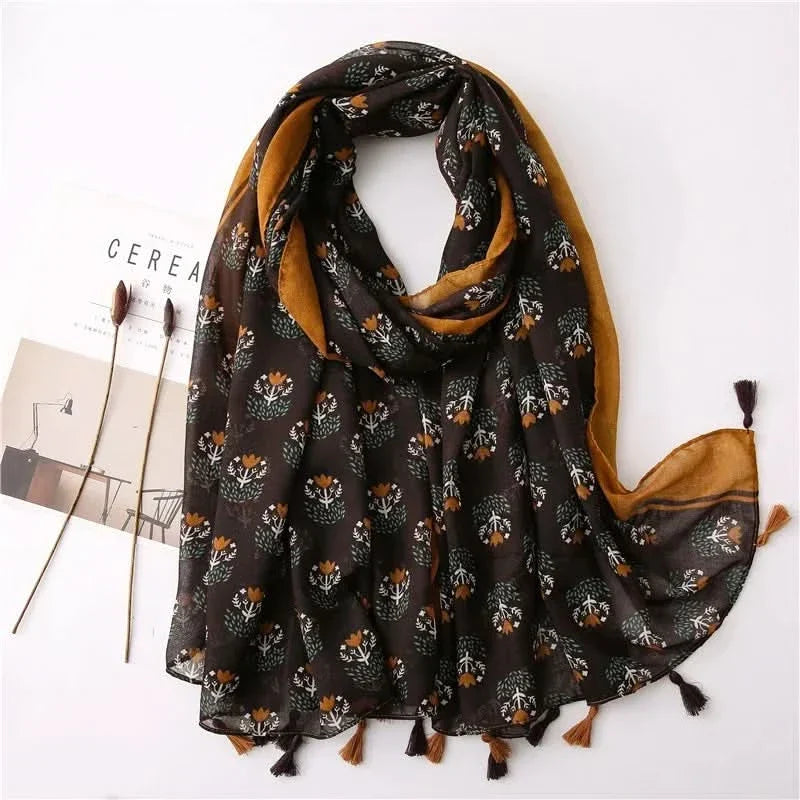 Dames sjaal van viscose met stippen en bloemenprint