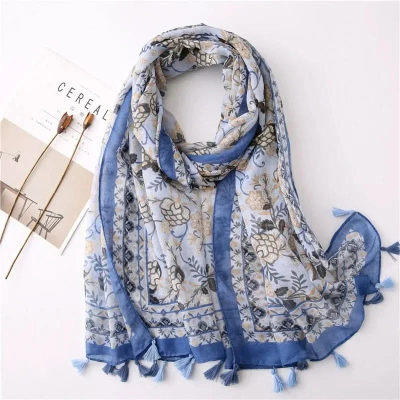 Dames sjaal van viscose met stippen en bloemenprint