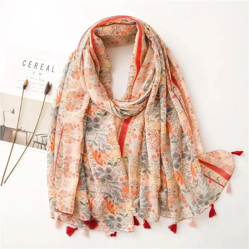 Dames sjaal van viscose met stippen en bloemenprint