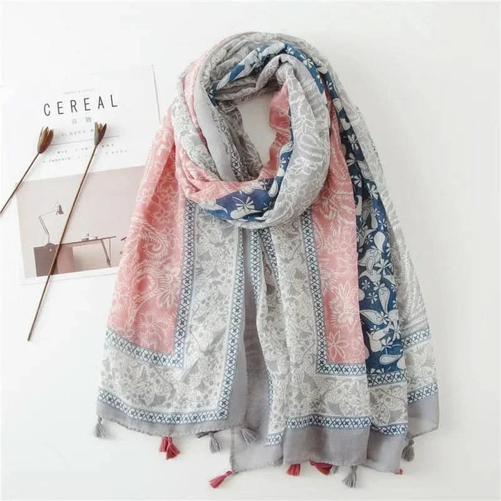 Dames sjaal van viscose met stippen en bloemenprint