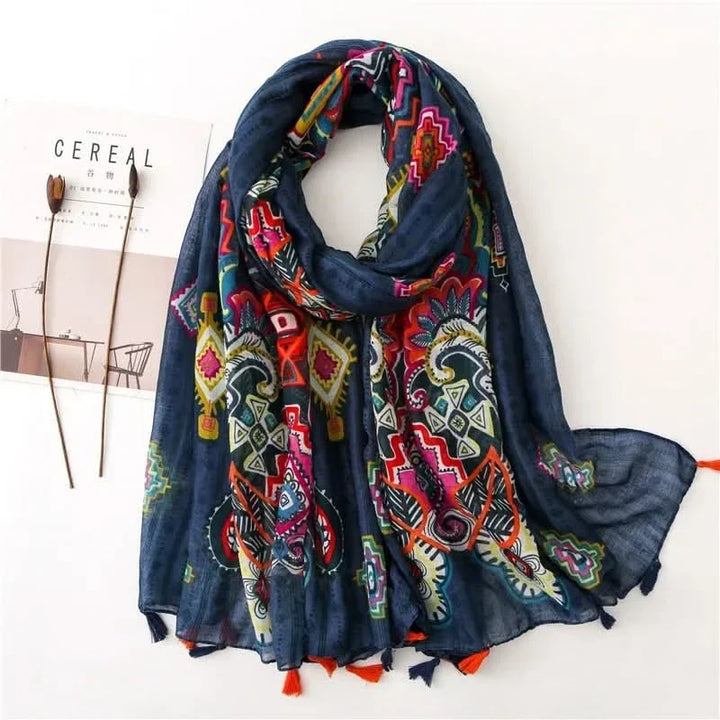 Dames sjaal van viscose met stippen en bloemenprint