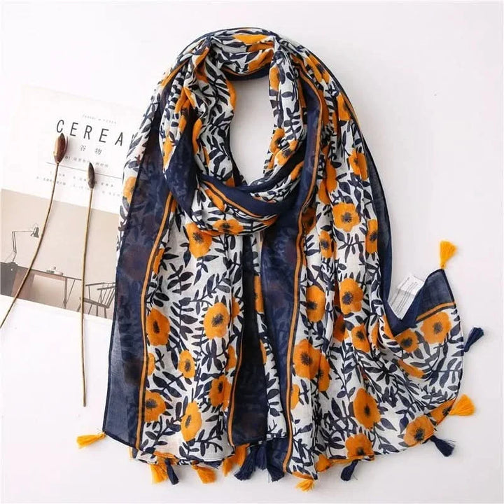 Dames sjaal van viscose met stippen en bloemenprint