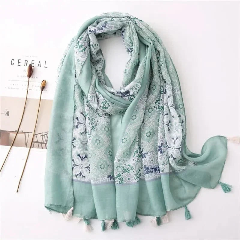 Dames sjaal van viscose met stippen en bloemenprint