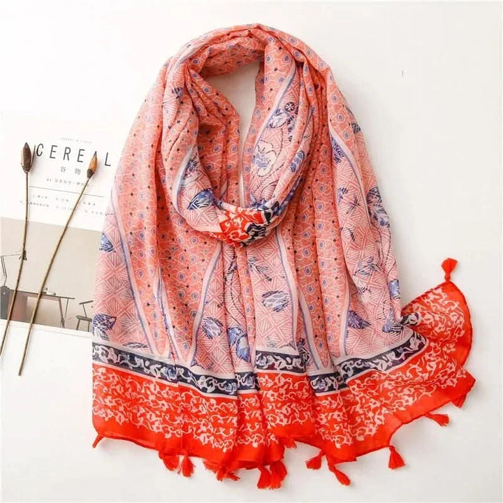Dames sjaal van viscose met stippen en bloemenprint