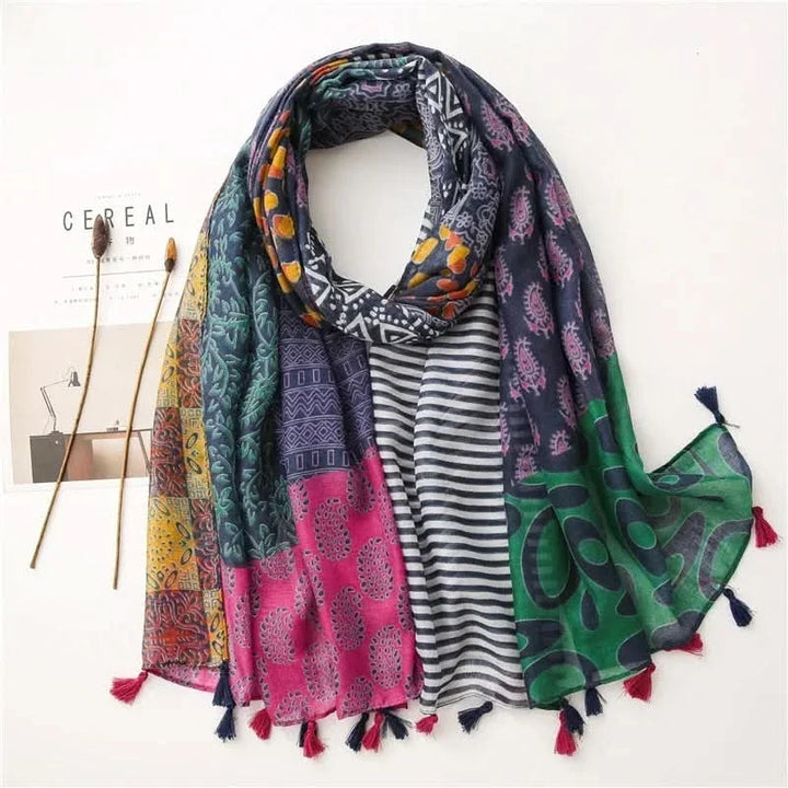 Dames sjaal van viscose met stippen en bloemenprint
