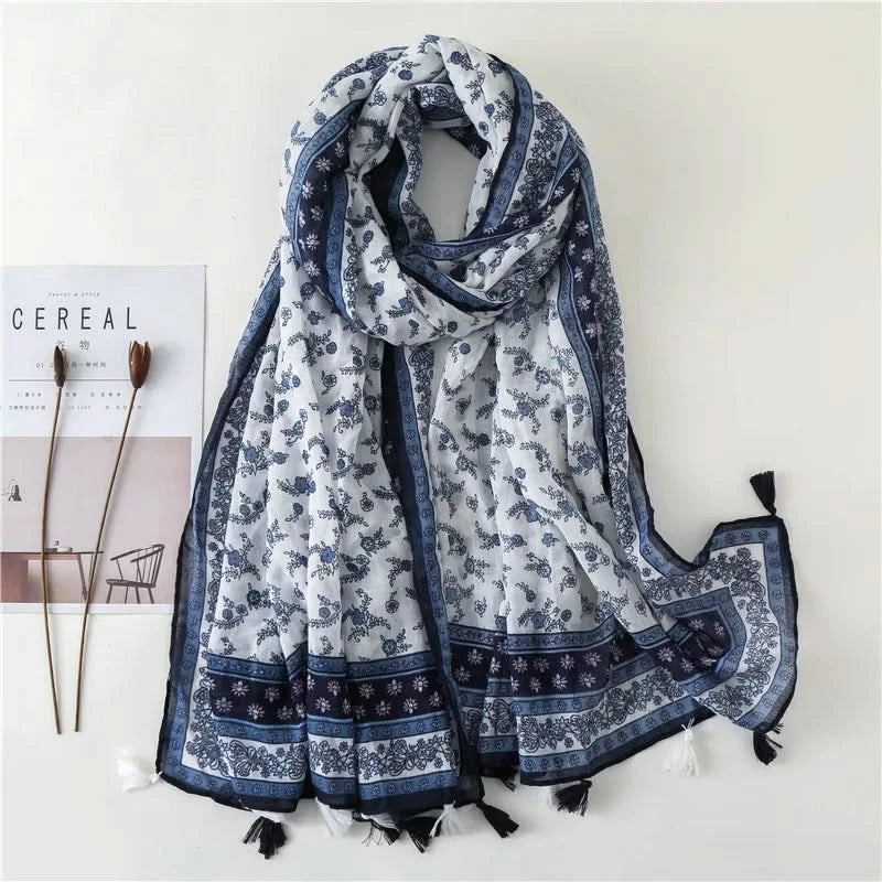 Dames sjaal van viscose met stippen en bloemenprint