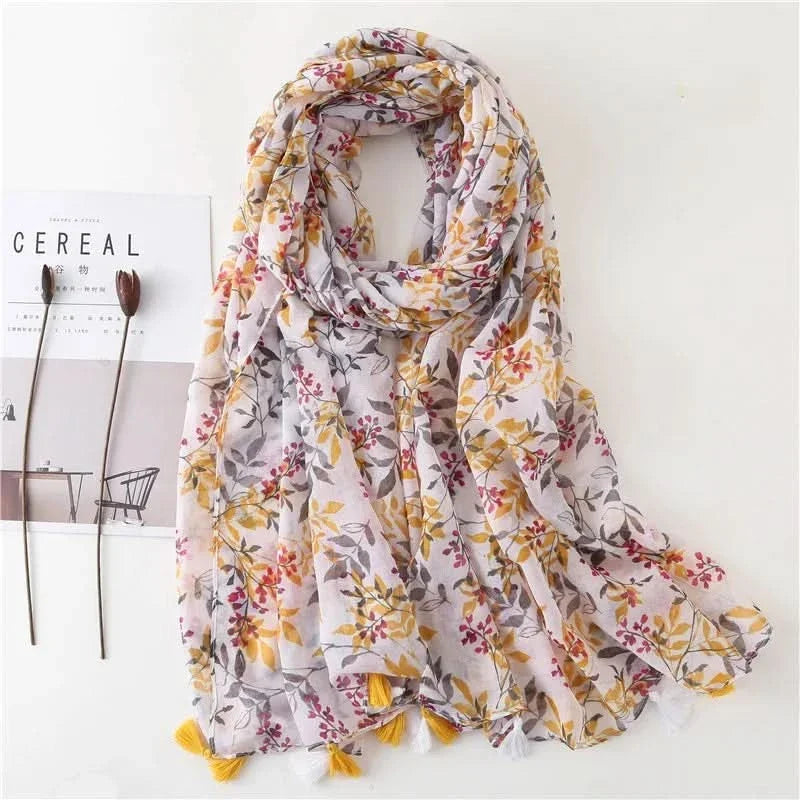 Dames sjaal van viscose met stippen en bloemenprint