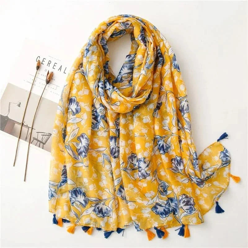 Dames sjaal van viscose met stippen en bloemenprint
