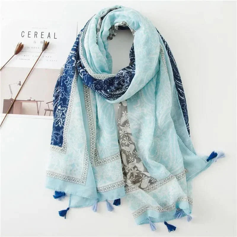 Dames sjaal van viscose met stippen en bloemenprint