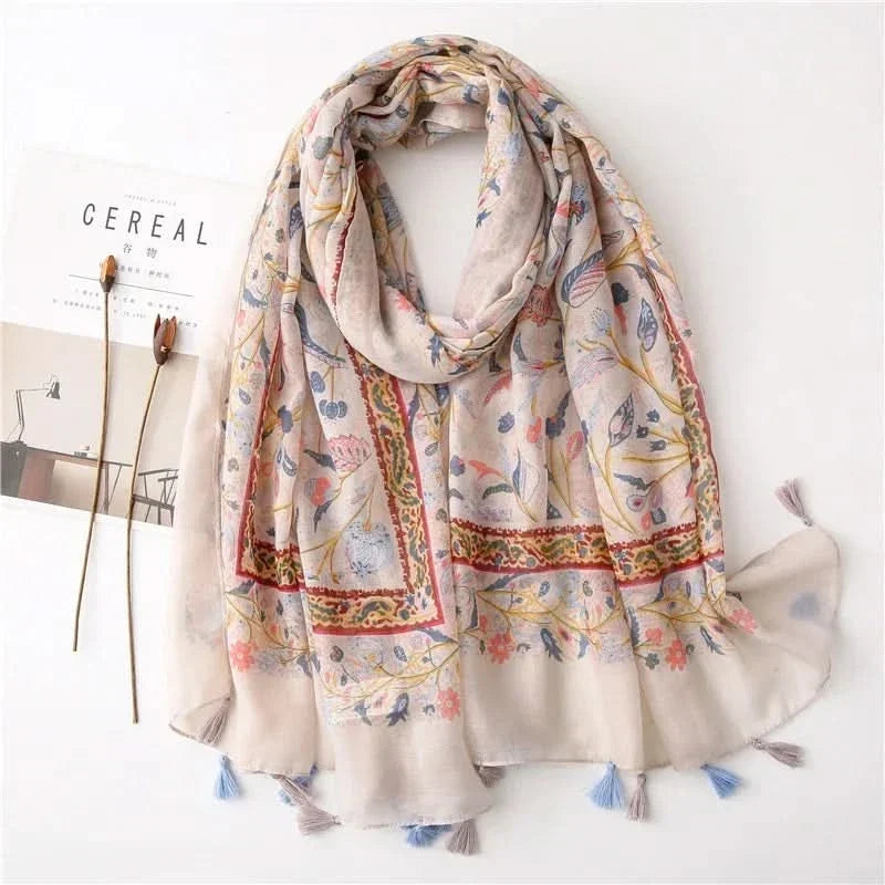 Dames sjaal van viscose met stippen en bloemenprint