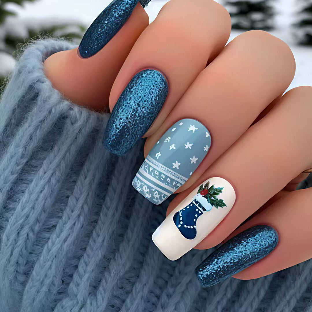 Herbruikbare plaknagels met winterse print in blauw