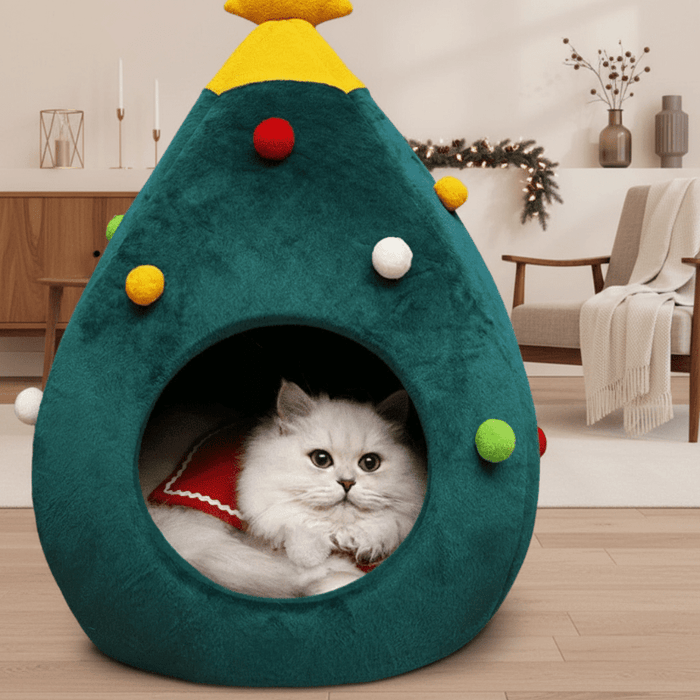 Hollevo™ Kattenmand in kerstboomvorm met knusse gesloten binnenkant