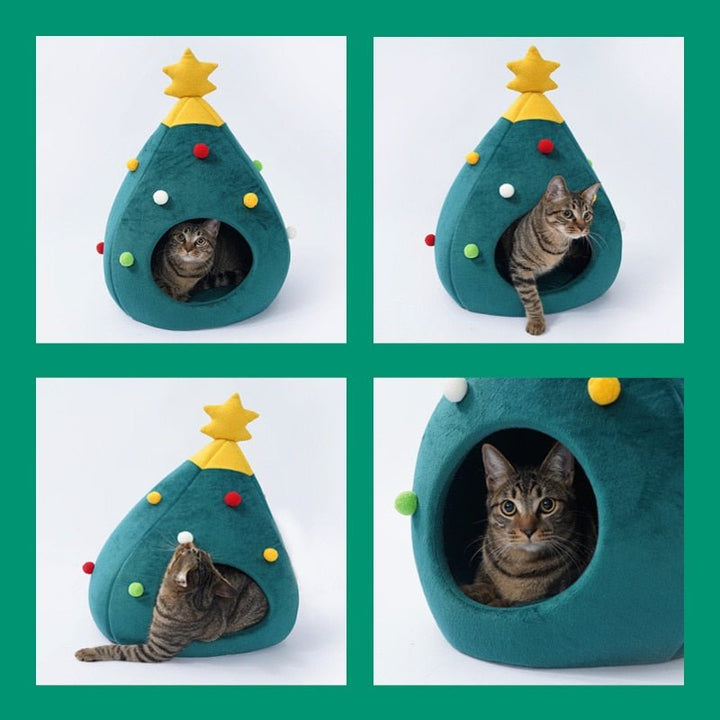 Kattenmand in kerstboomvorm met knusse gesloten binnenkant