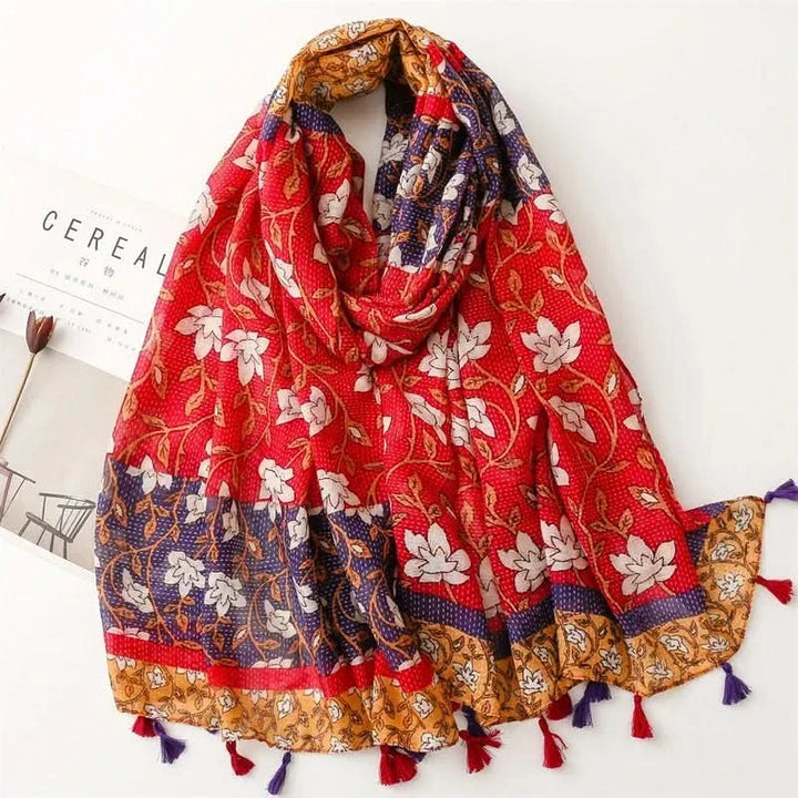 Dames sjaal van viscose met stippen en bloemenprint
