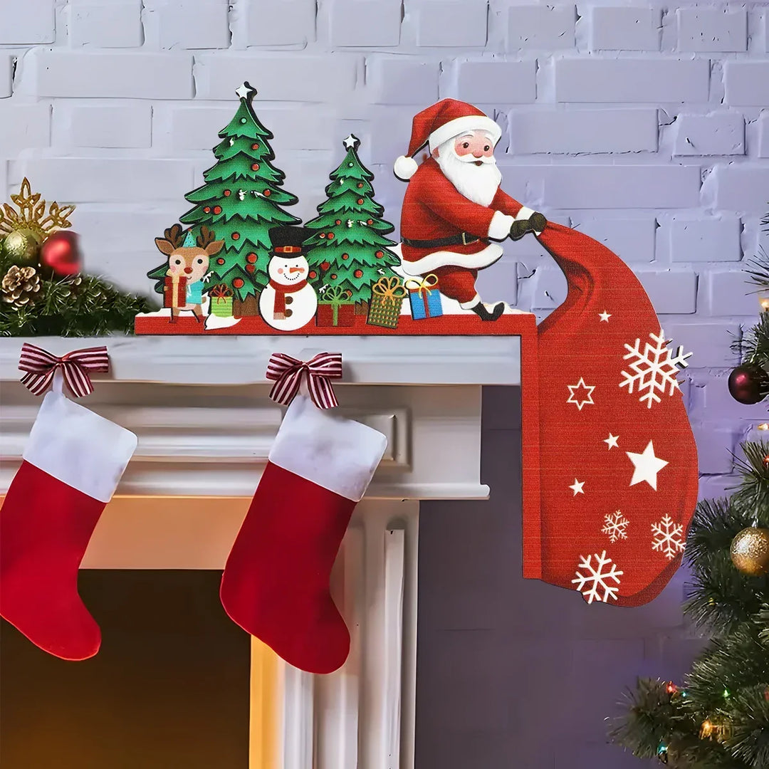 Houten kerstdecoratie met kerstman en sneeuwpop voor deur