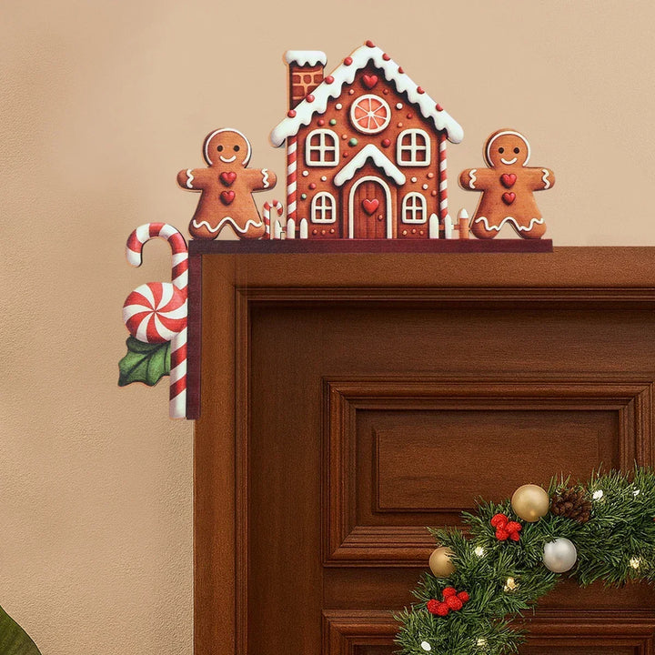 Houten kerstdecoratie met kerstman en sneeuwpop voor deur