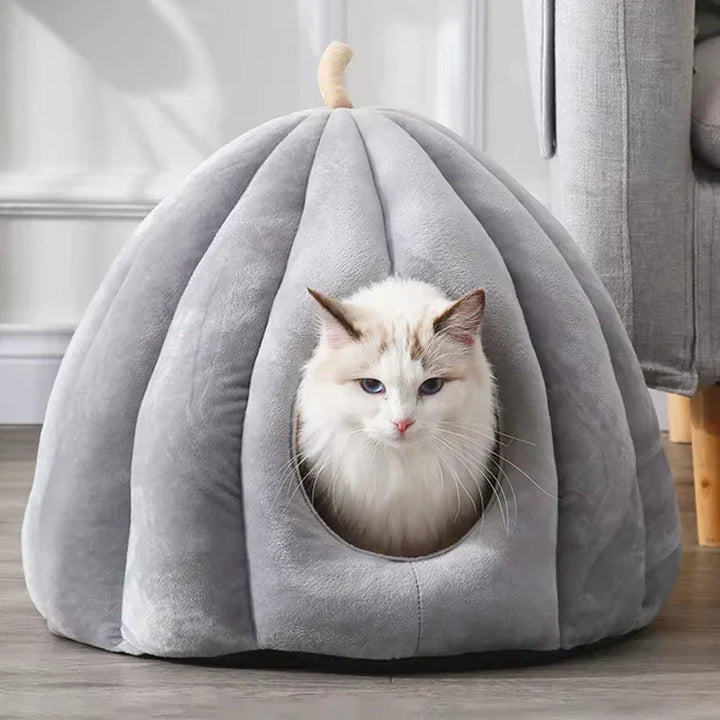 Knusse kattenmand in pompoenvorm met afgesloten holletje