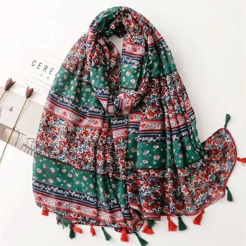 Dames sjaal van viscose met stippen en bloemenprint