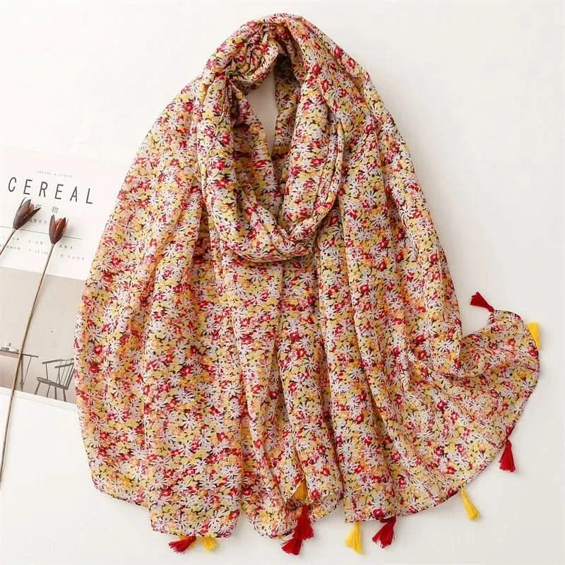 Dames sjaal van viscose met stippen en bloemenprint