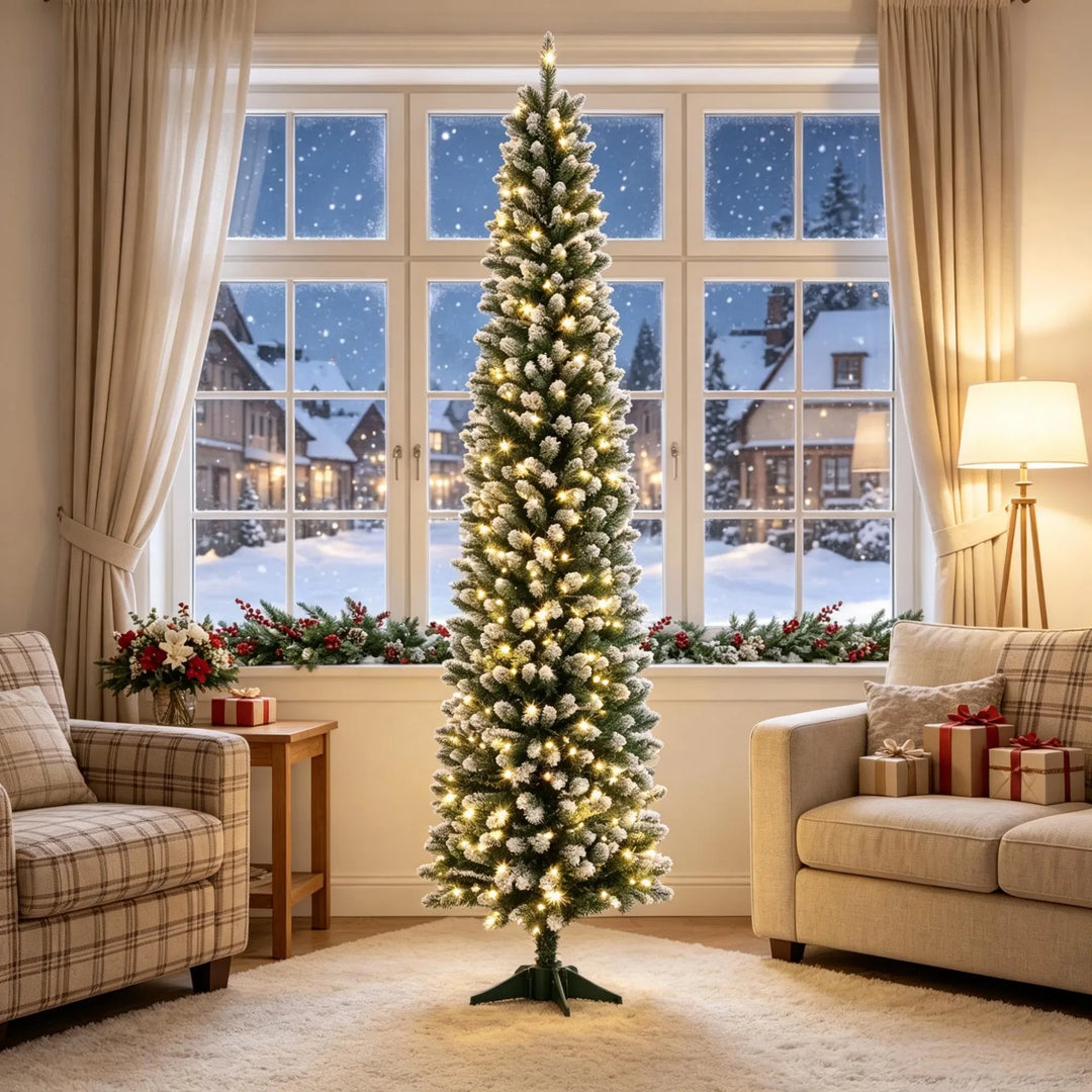 Smalle kerstboom met witte puntjes en lichtjes